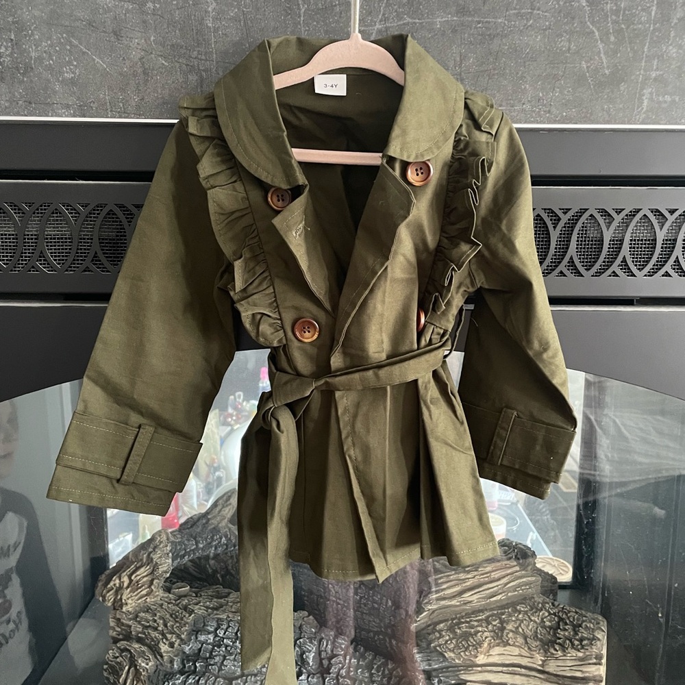 Kids Olive Green Ruffle Trench Coat - Brand: